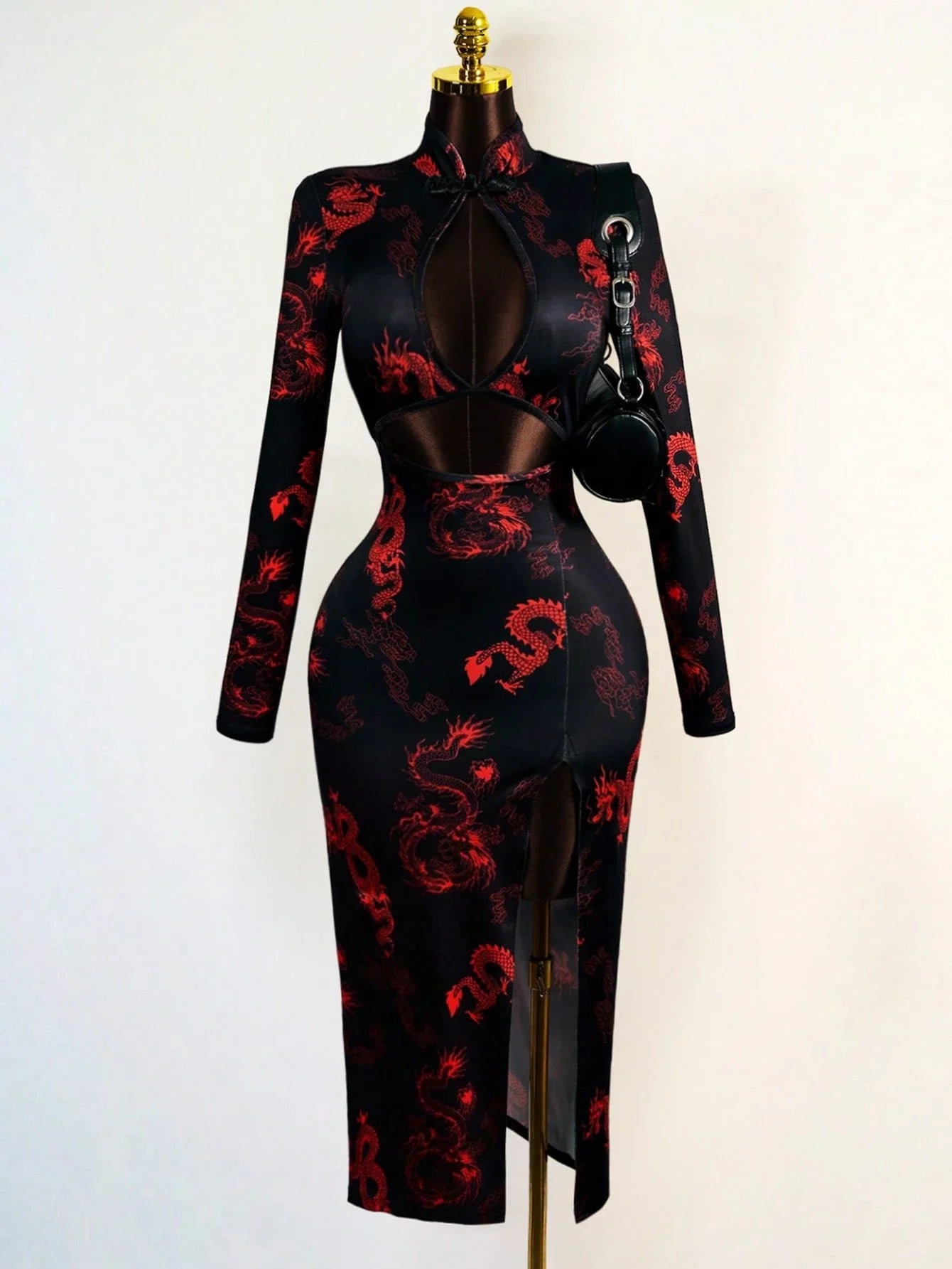 Sexy Hollow Front Stand Collar Dragon Print Cheongsam Style High Slit Maxi Dress