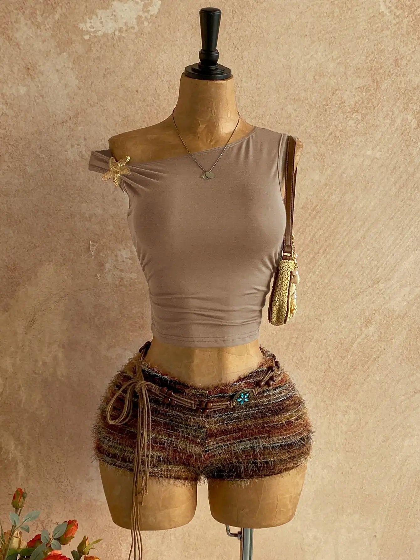 Brown Fuzzy Knit Two-Piece Outfit for Women