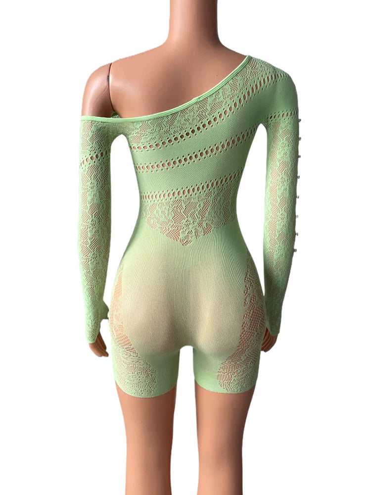 Women’s Off-Shoulder Sheer Romper with Hollow-Out Detail