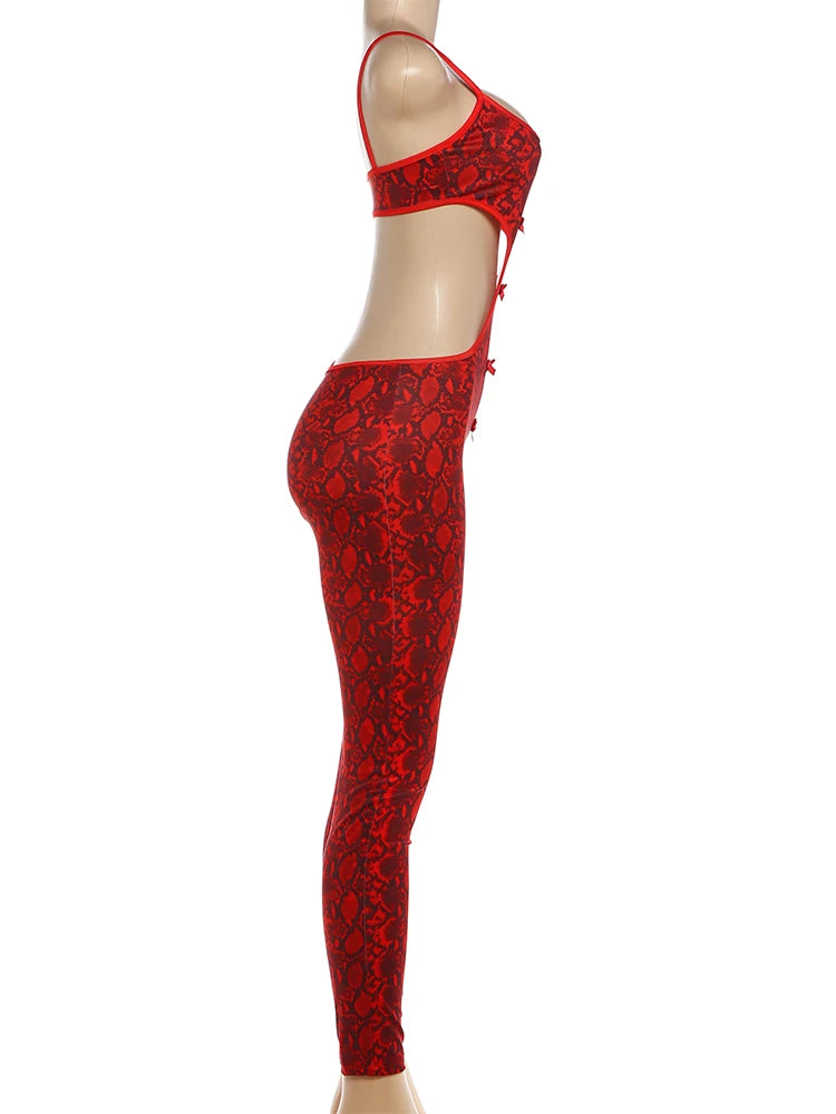 Snake Print Backless Skinny Jumpsuit