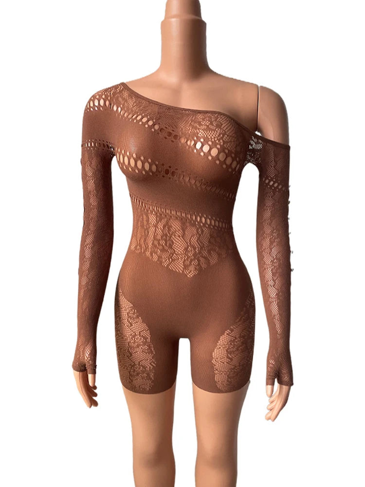 Women’s Off-Shoulder Sheer Romper with Hollow-Out Detail