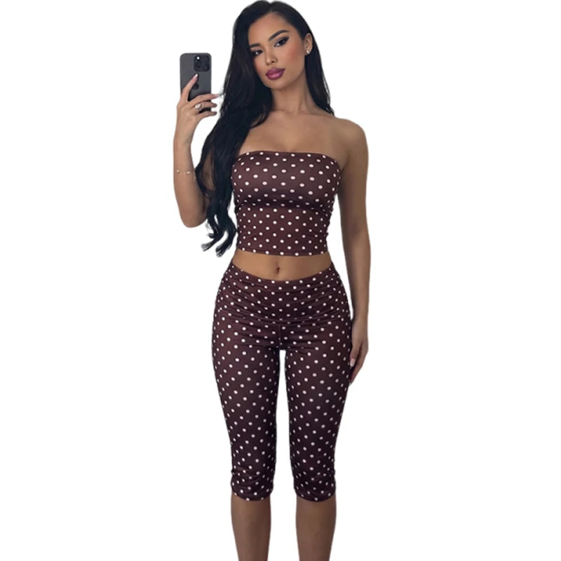 Kliou Polka Dots Print Shorts Suits Woman Sexy Wrap Chest Backless Tube Tops+Skinny Peach Hip Shorts Elegant Style 2 Piece Set