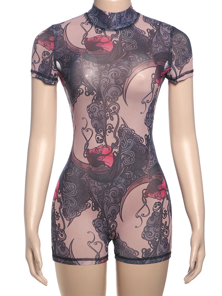 Peach Aesthetic Printed Slim Fit Playsuit