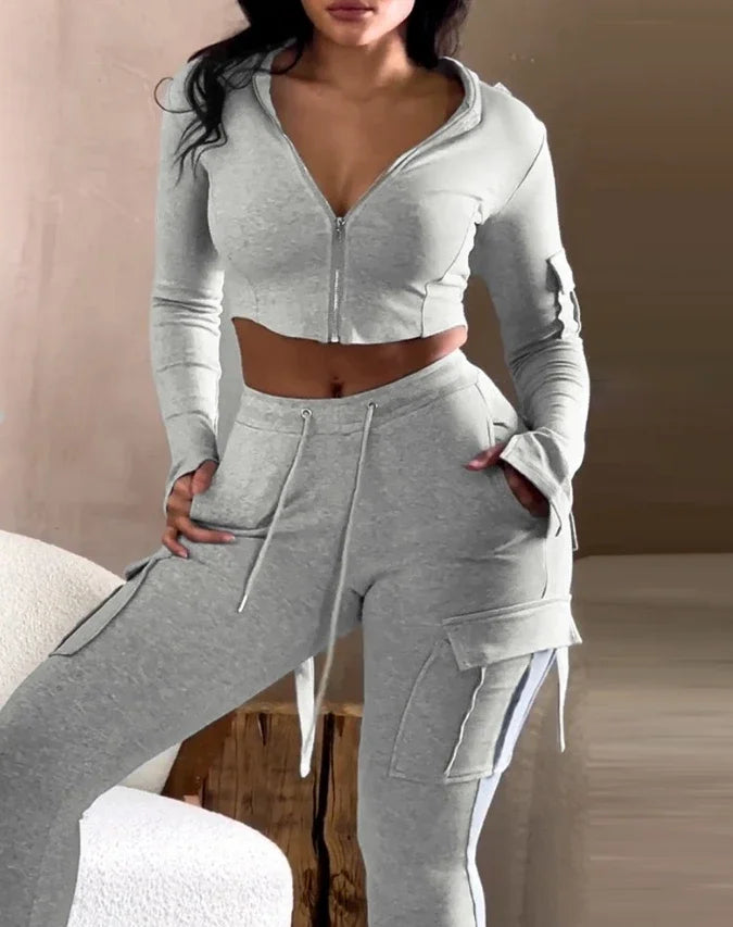 Hooded Zip Crop Top with V-Waist Pants Set