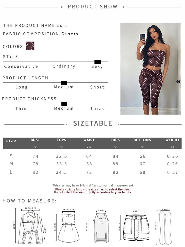 Kliou Polka Dots Print Shorts Suits Woman Sexy Wrap Chest Backless Tube Tops+Skinny Peach Hip Shorts Elegant Style 2 Piece Set