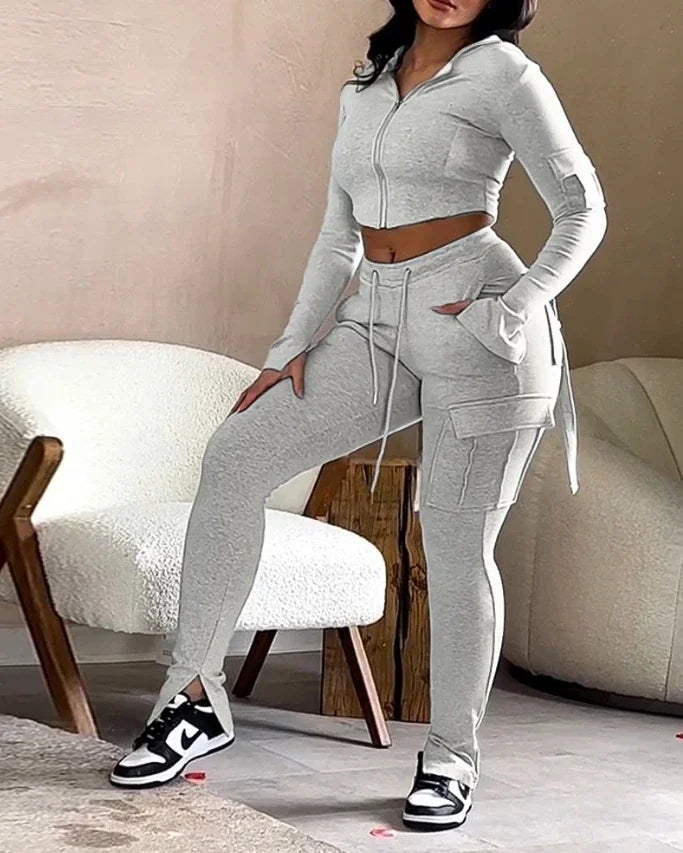 Hooded Zip Crop Top with V-Waist Pants Set