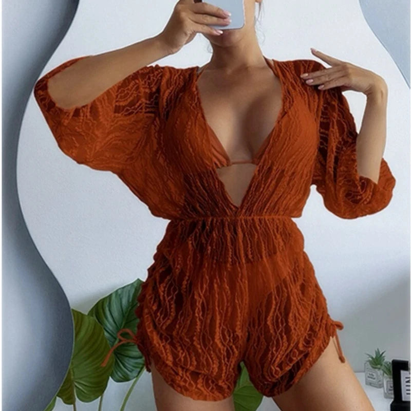 3 Pieces Swimsuit Drawstring Cover-Up Swimwear