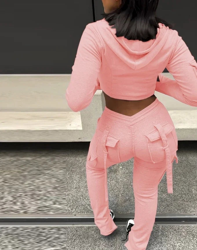Hooded Zip Crop Top with V-Waist Pants Set