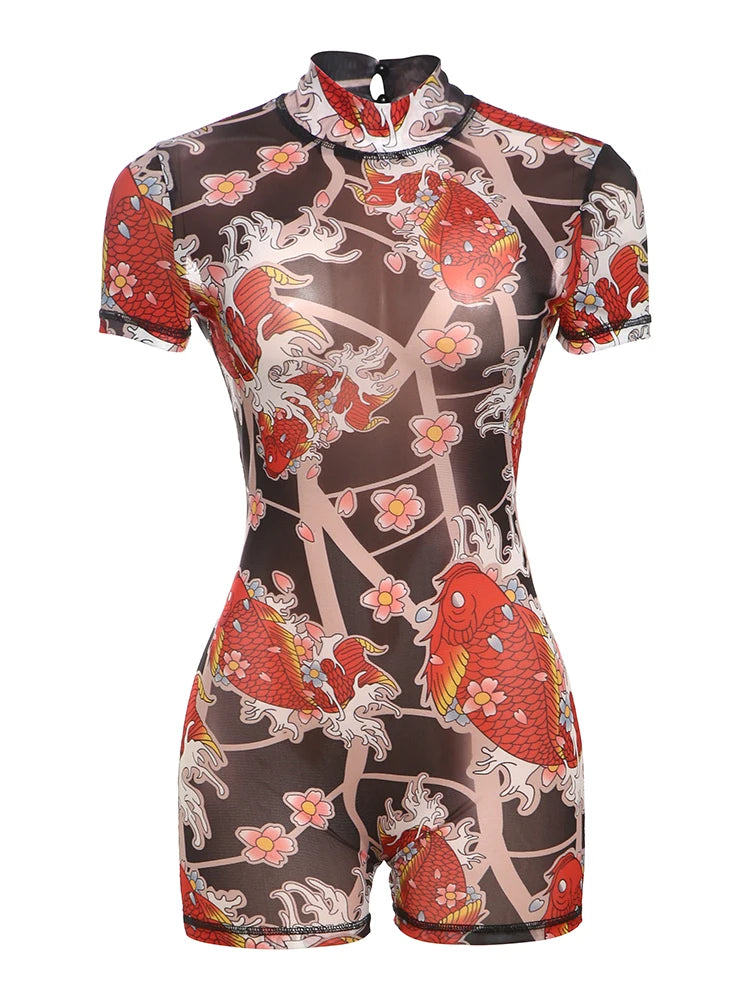 Peach Aesthetic Printed Slim Fit Playsuit