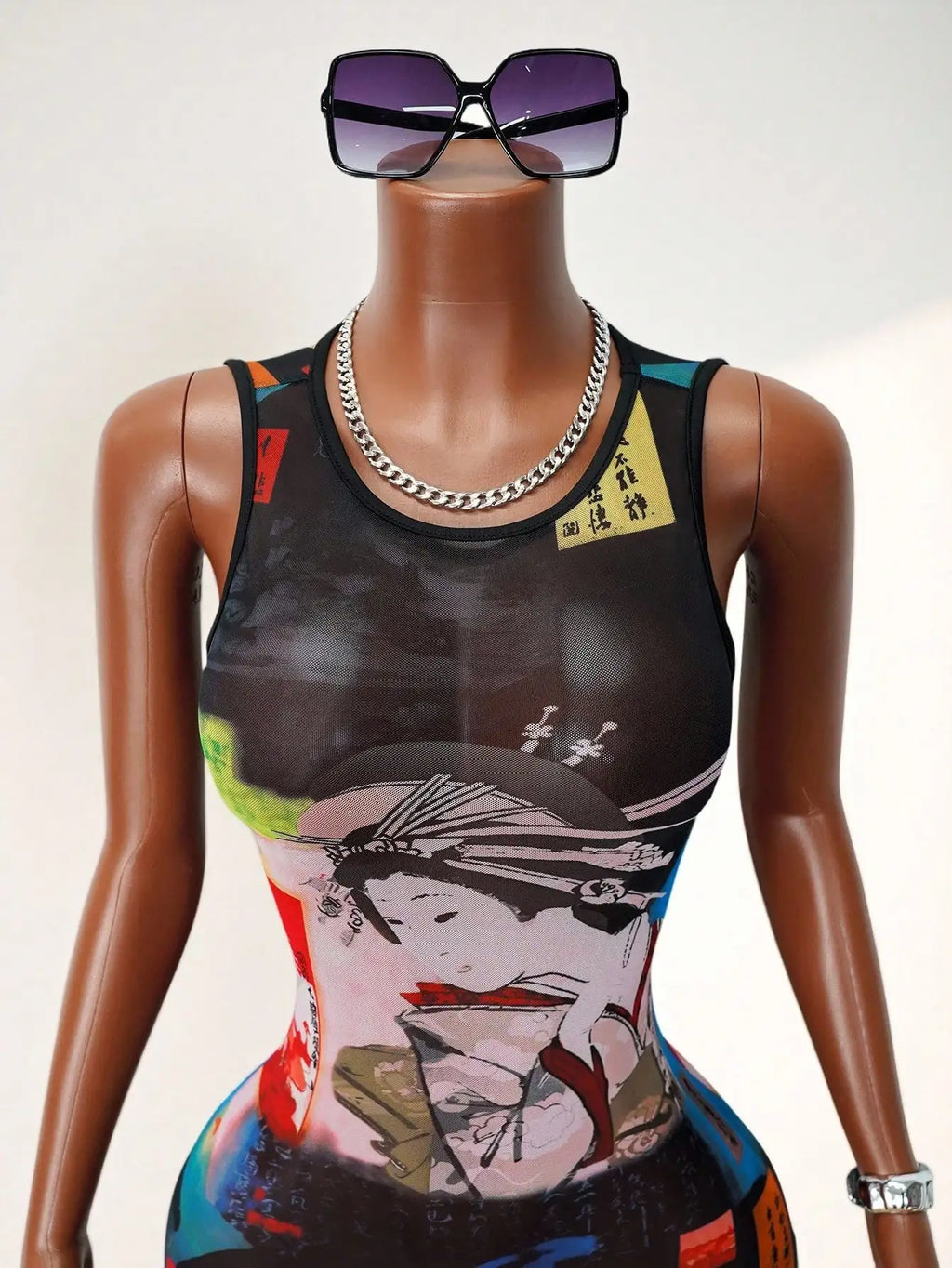 Women's Sheer Mesh Mini Tank Dress Round Neck Sleeveless Bold Print Sexy