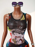 Women's Sheer Mesh Mini Tank Dress Round Neck Sleeveless Bold Print Sexy