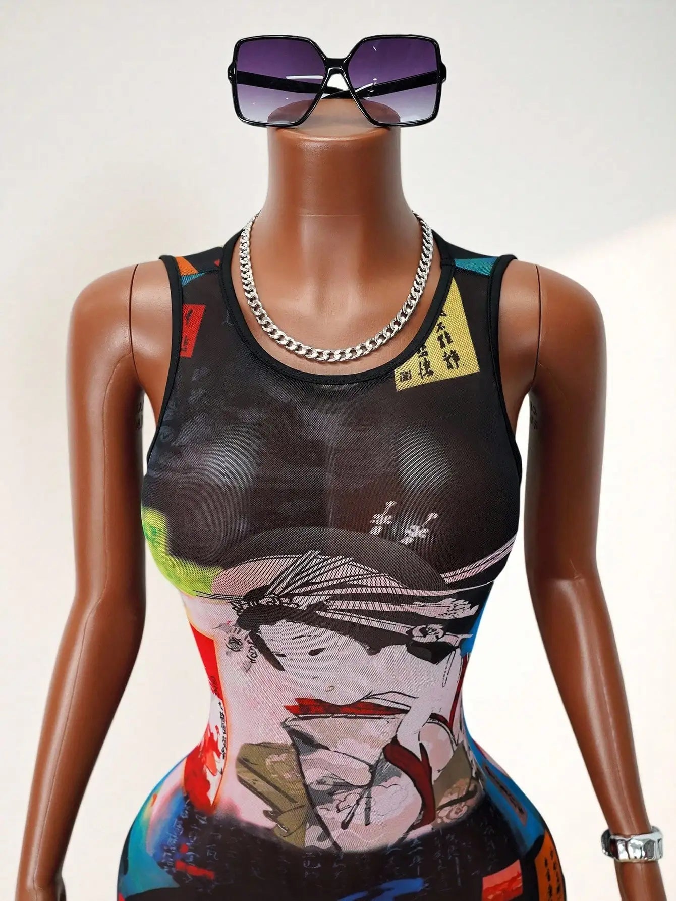 Women's Sheer Mesh Mini Tank Dress Round Neck Sleeveless Bold Print Sexy