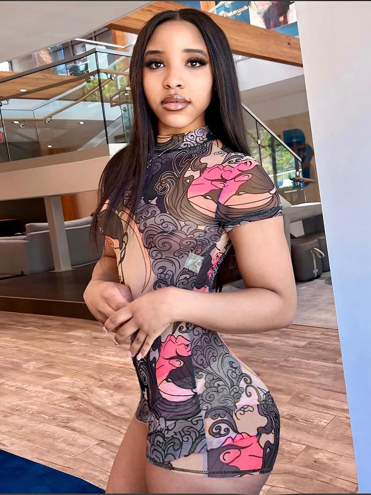 Peach Aesthetic Printed Slim Fit Playsuit
