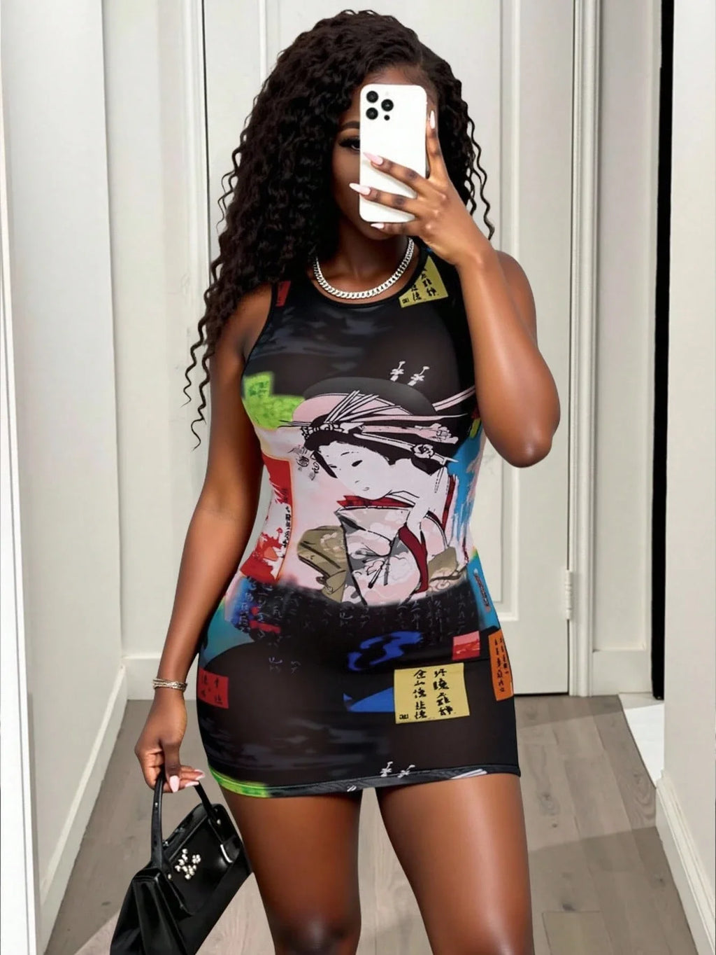 Women's Sheer Mesh Mini Tank Dress Round Neck Sleeveless Bold Print Sexy