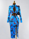 Sexy Hollow Front Stand Collar Dragon Print Cheongsam Style High Slit Maxi Dress