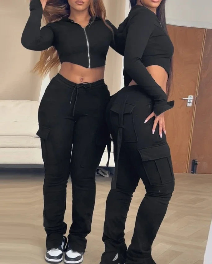 Hooded Zip Crop Top with V-Waist Pants Set