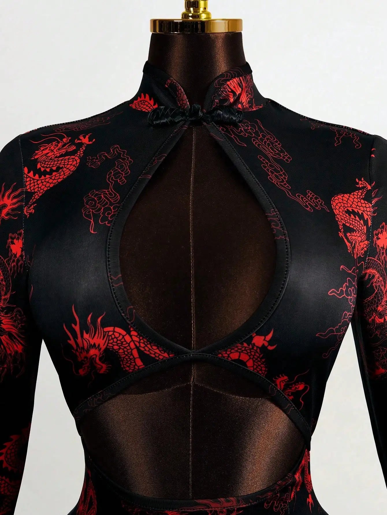 Sexy Hollow Front Stand Collar Dragon Print Cheongsam Style High Slit Maxi Dress