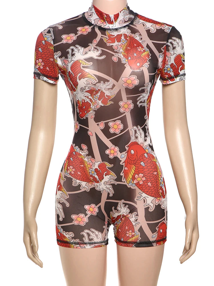 Peach Aesthetic Printed Slim Fit Playsuit