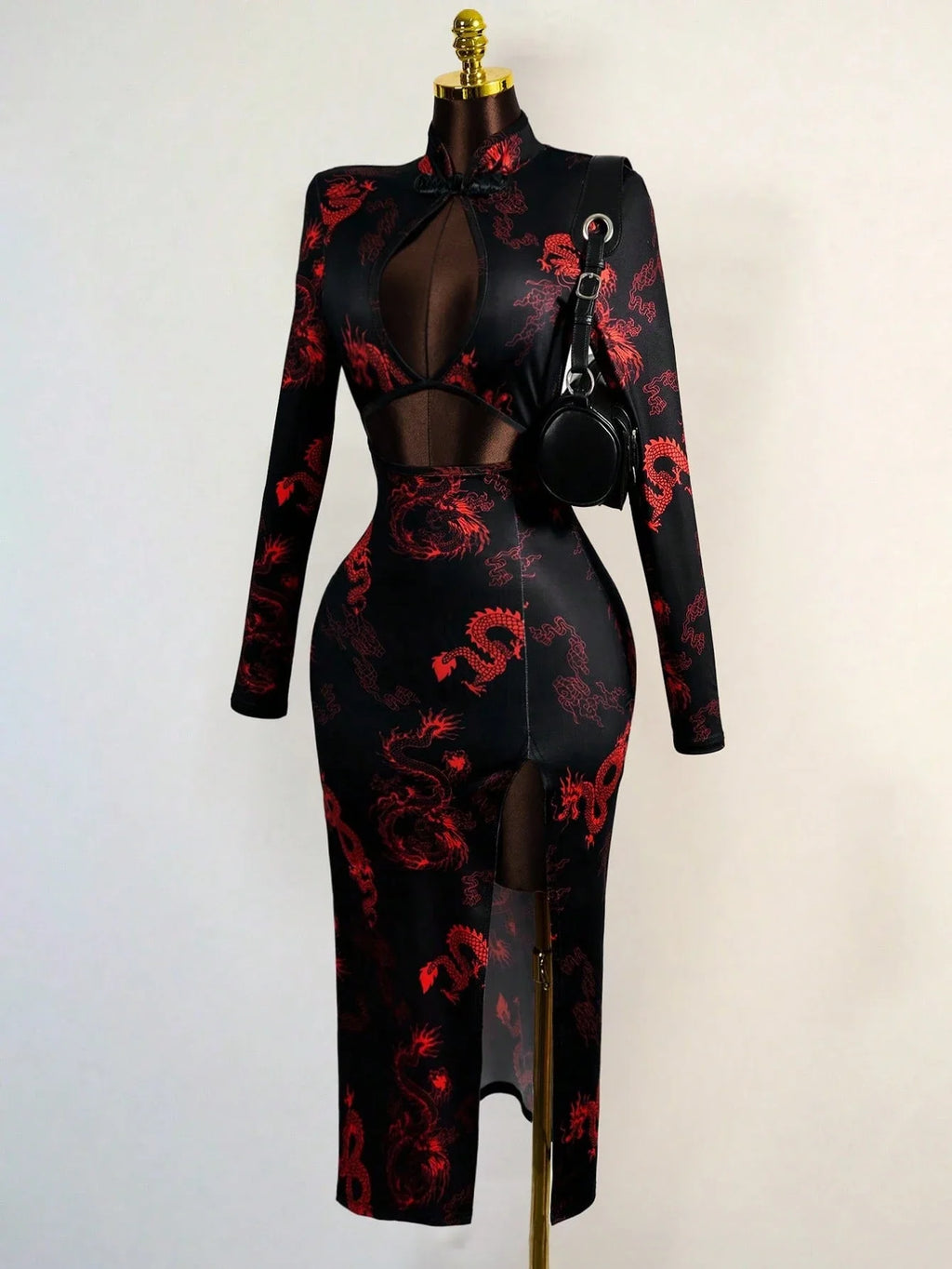 Sexy Hollow Front Stand Collar Dragon Print Cheongsam Style High Slit Maxi Dress