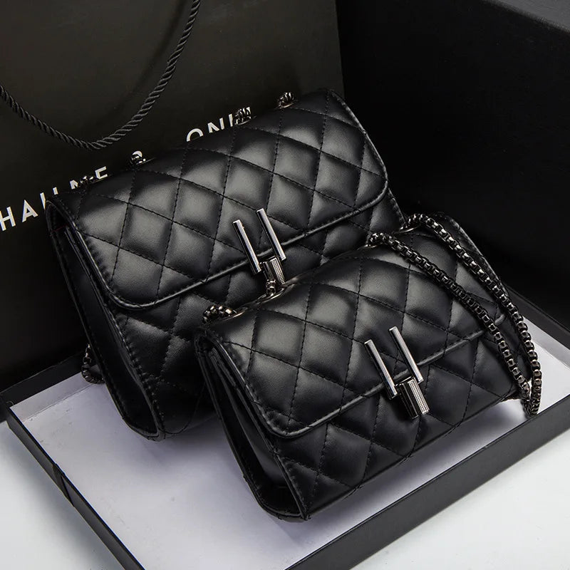 Elegant Quilted Black Women Shoulder Bag, Mini Flap Crossbody Purse with Chain Strap Turn Lock for Party Everyday Evening Bag