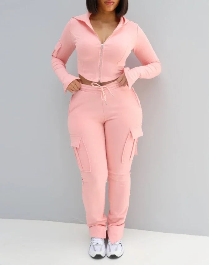 Hooded Zip Crop Top with V-Waist Pants Set