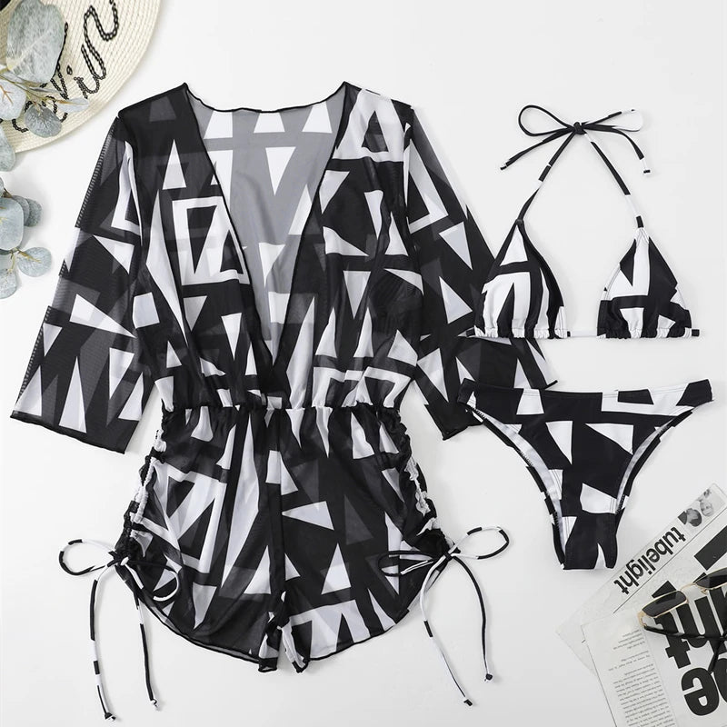3 Pieces Swimsuit Drawstring Cover-Up Swimwear