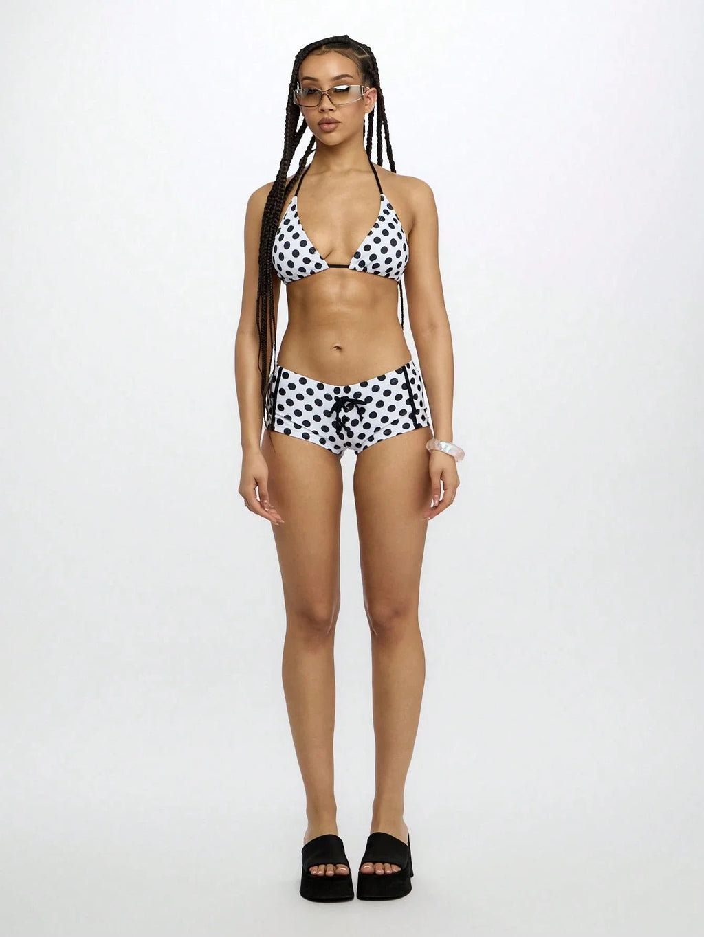 Pink Polka Dot Triangle Bikini With Bow Detail High-Waisted Boyshort Swimwear Set