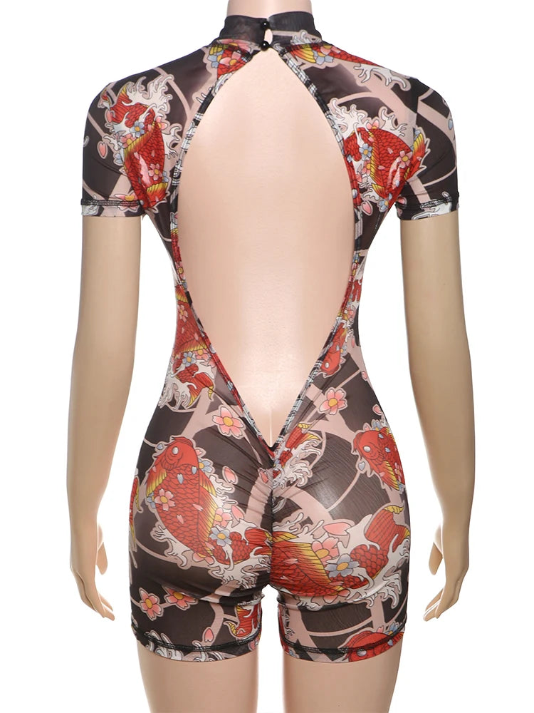 Peach Aesthetic Printed Slim Fit Playsuit