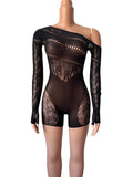 Women’s Off-Shoulder Sheer Romper with Hollow-Out Detail