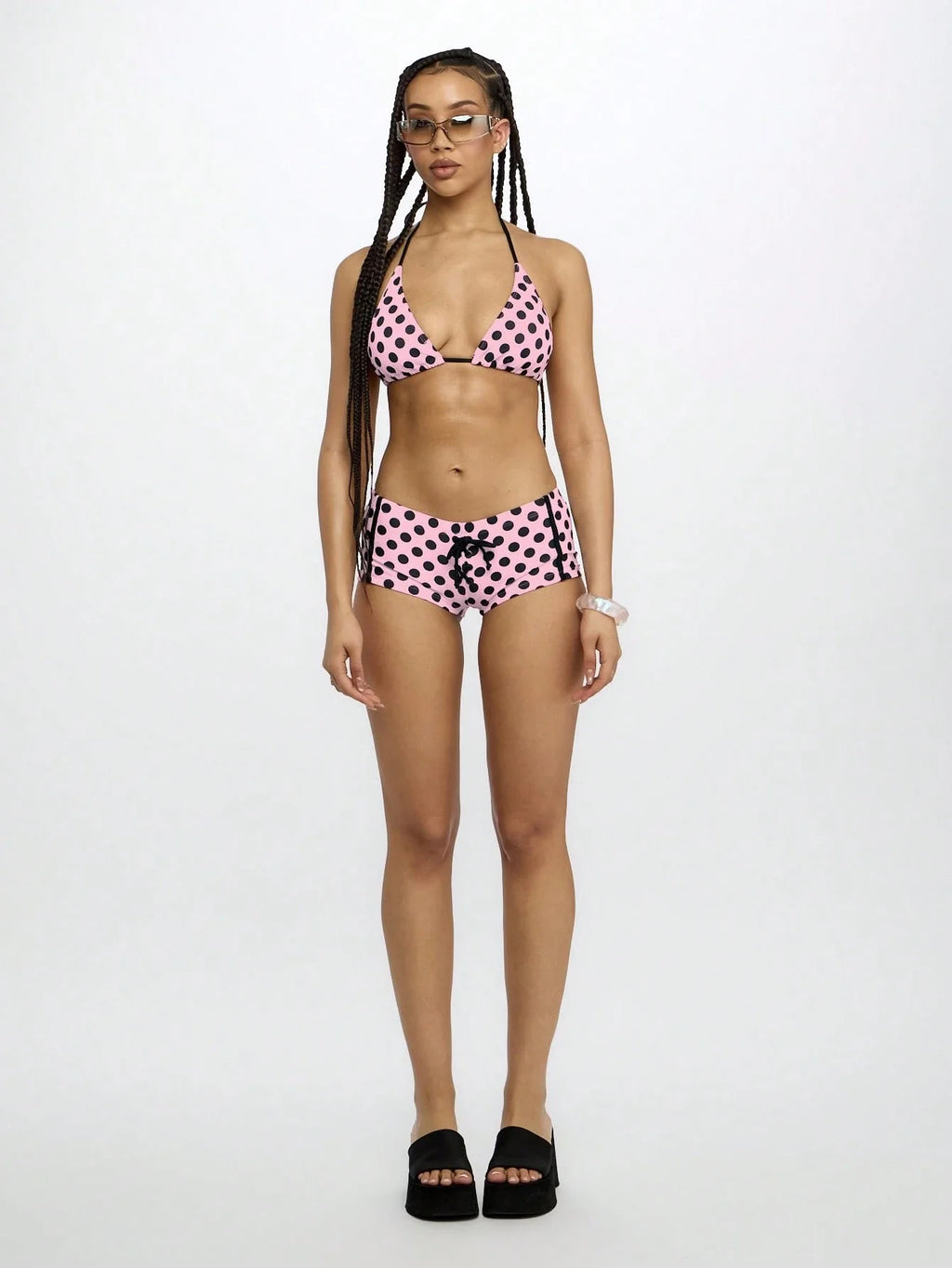 Pink Polka Dot Triangle Bikini With Bow Detail High-Waisted Boyshort Swimwear Set