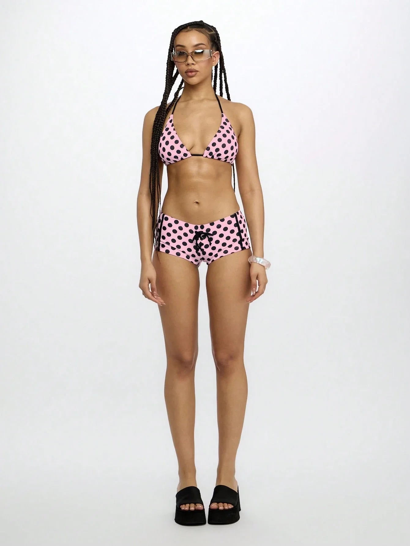 Pink Polka Dot Triangle Bikini With Bow Detail High-Waisted Boyshort Swimwear Set