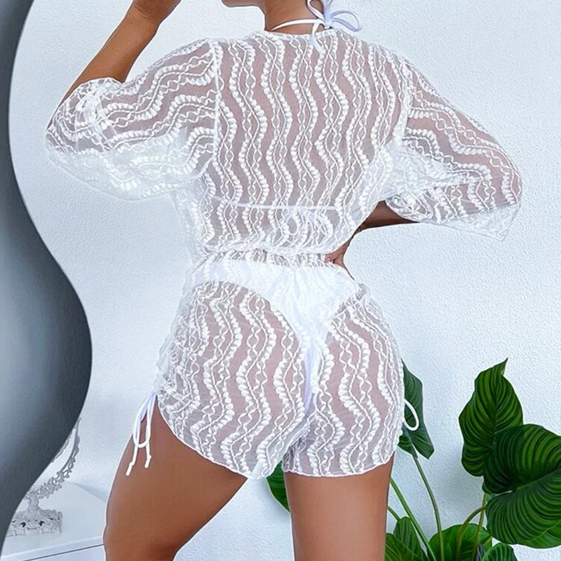 3 Pieces Swimsuit Drawstring Cover-Up Swimwear
