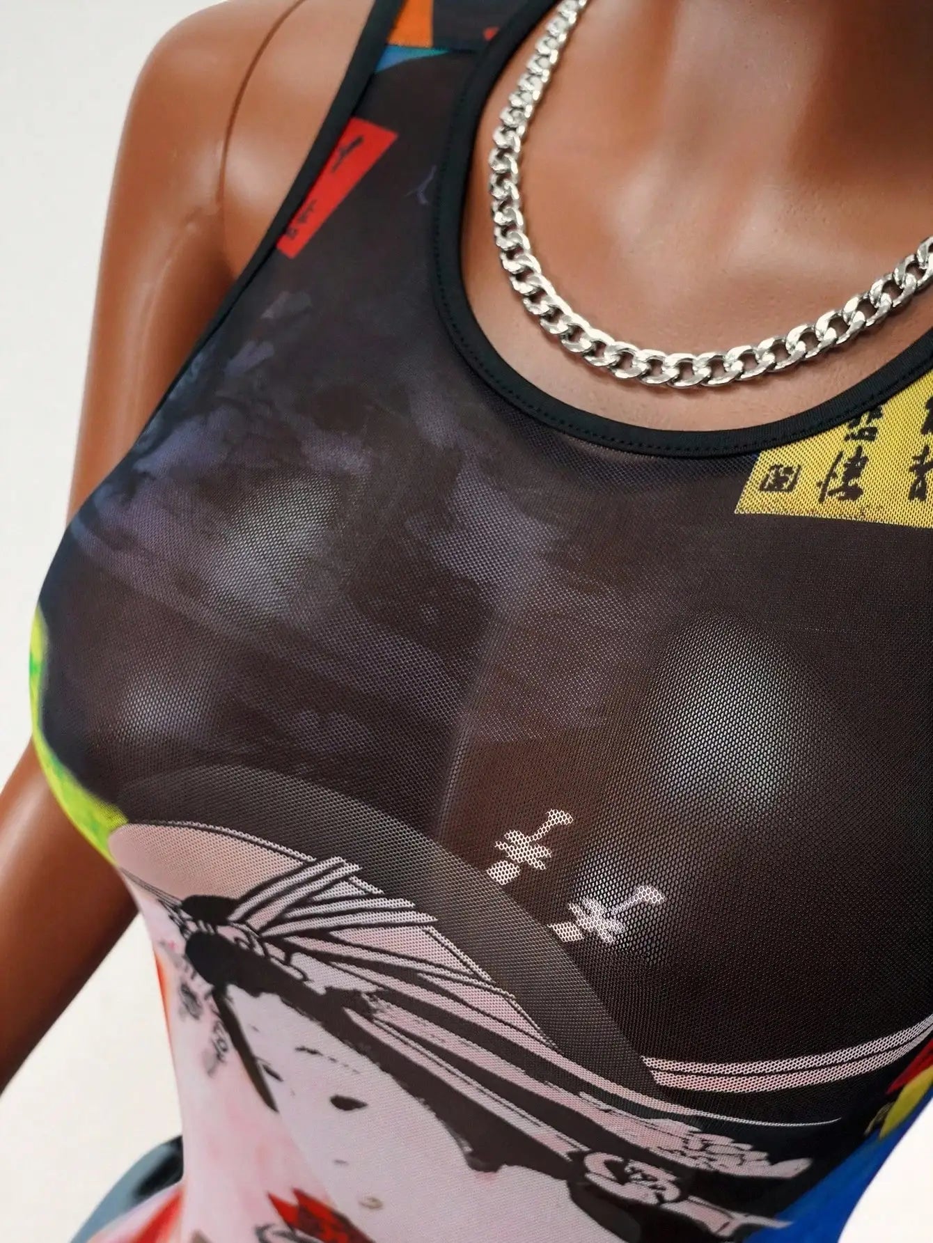 Women's Sheer Mesh Mini Tank Dress Round Neck Sleeveless Bold Print Sexy