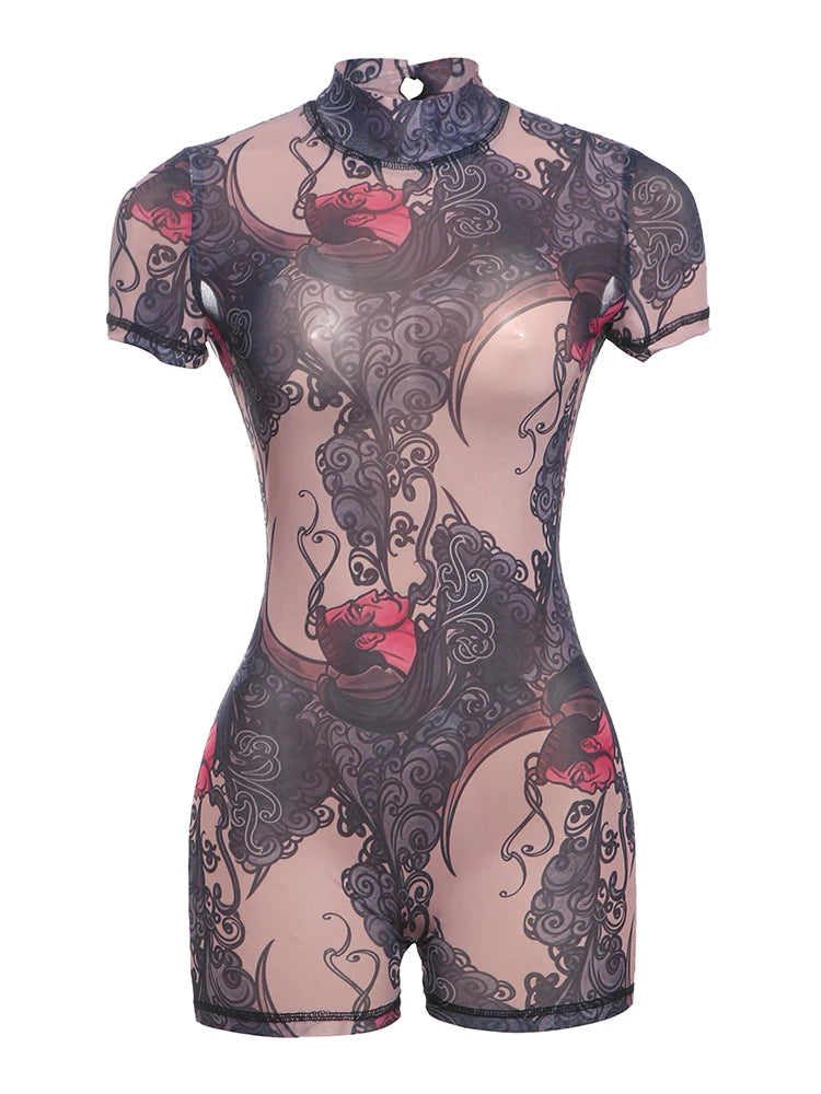 Peach Aesthetic Printed Slim Fit Playsuit