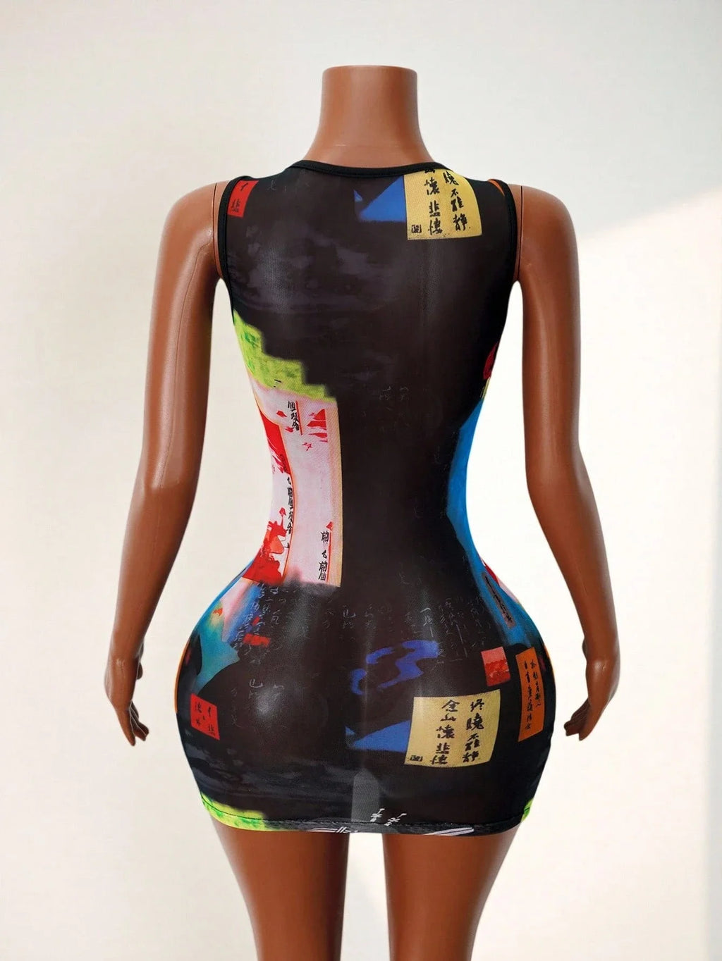 Women's Sheer Mesh Mini Tank Dress Round Neck Sleeveless Bold Print Sexy