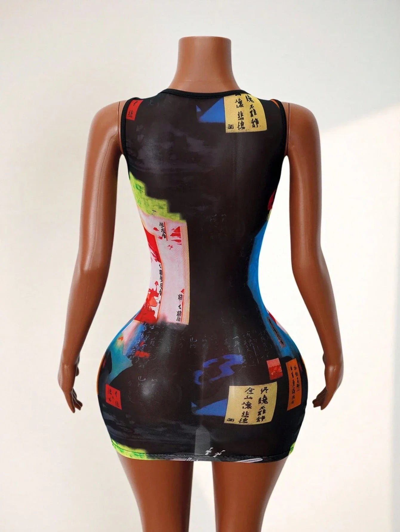 Women's Sheer Mesh Mini Tank Dress Round Neck Sleeveless Bold Print Sexy