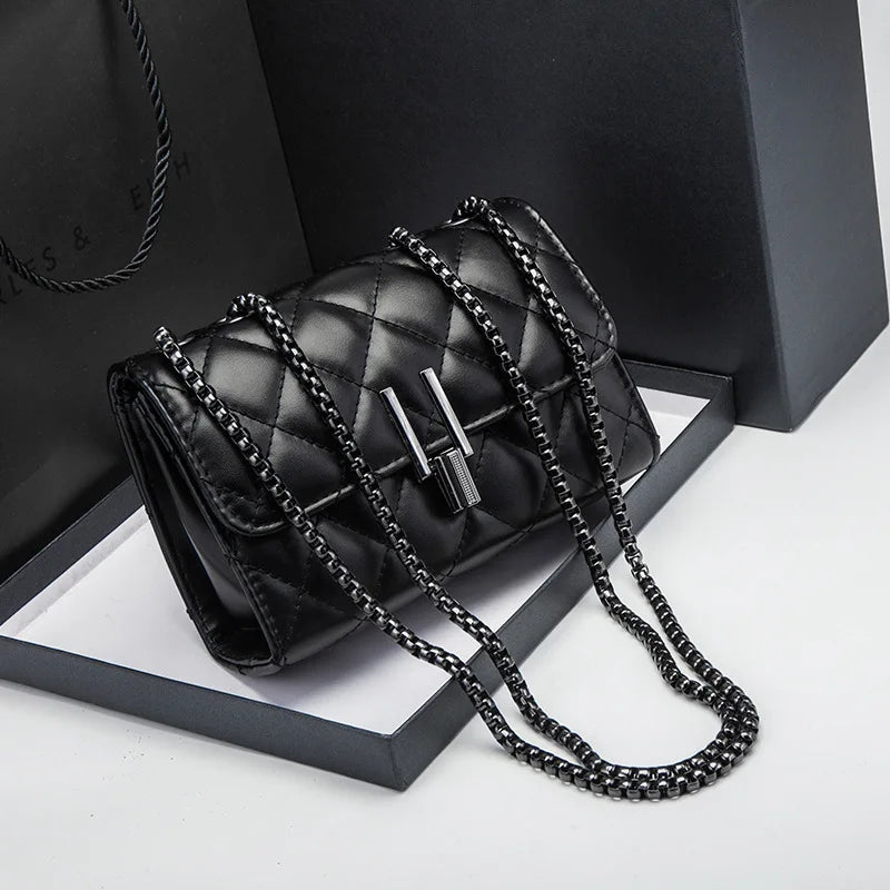 Elegant Quilted Black Women Shoulder Bag, Mini Flap Crossbody Purse with Chain Strap Turn Lock for Party Everyday Evening Bag