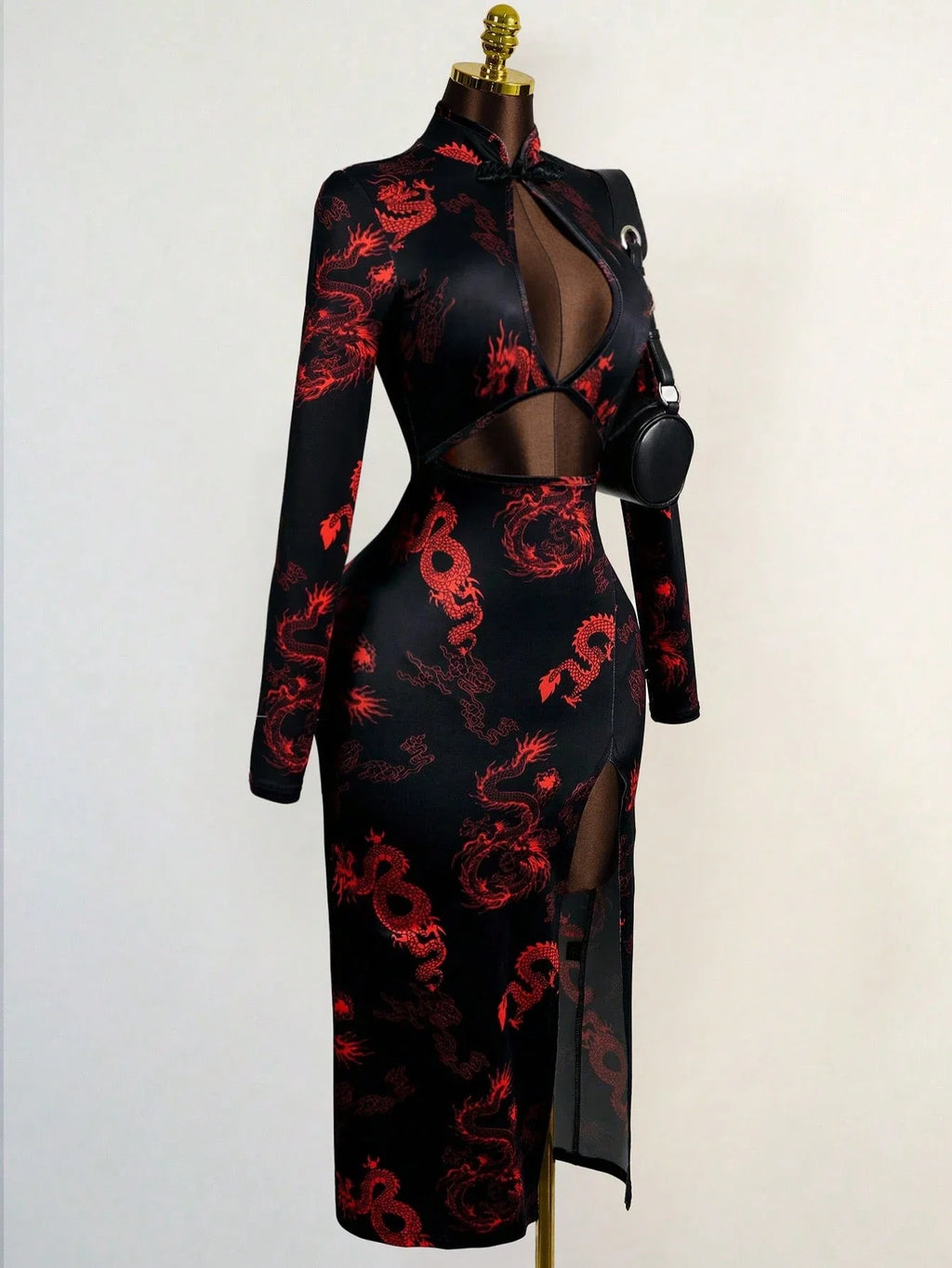 Sexy Hollow Front Stand Collar Dragon Print Cheongsam Style High Slit Maxi Dress