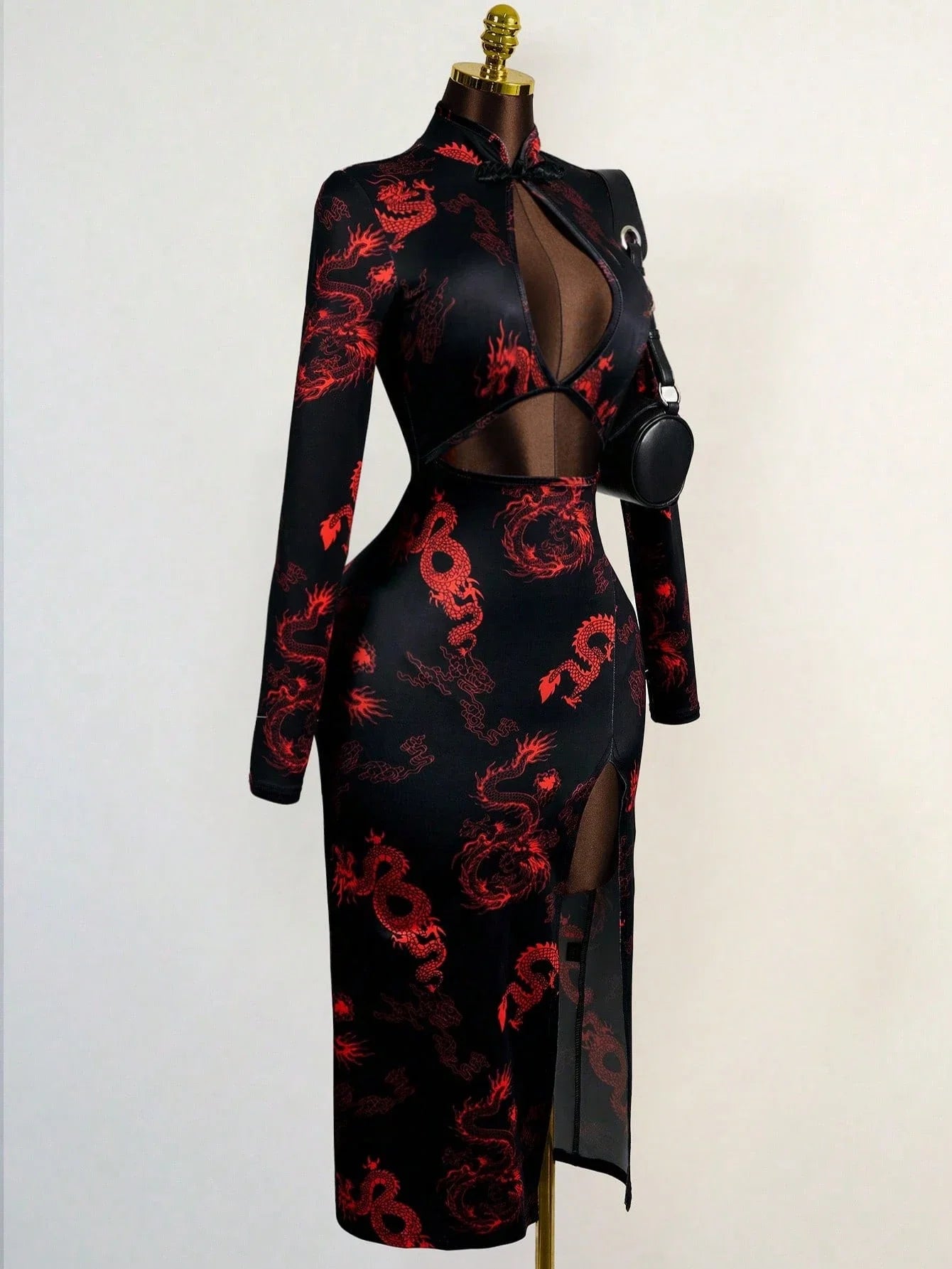 Sexy Hollow Front Stand Collar Dragon Print Cheongsam Style High Slit Maxi Dress