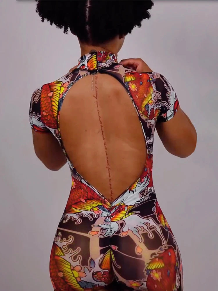 Peach Aesthetic Printed Slim Fit Playsuit