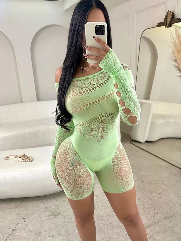 Women’s Off-Shoulder Sheer Romper with Hollow-Out Detail