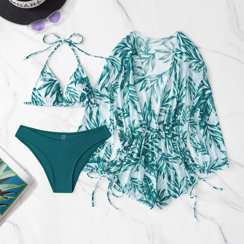 3 Pieces Swimsuit Drawstring Cover-Up Swimwear