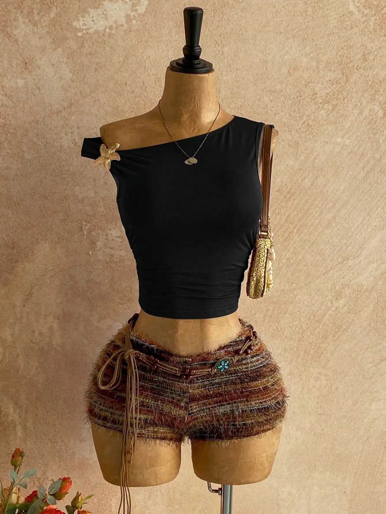 Brown Fuzzy Knit Two-Piece Outfit for Women