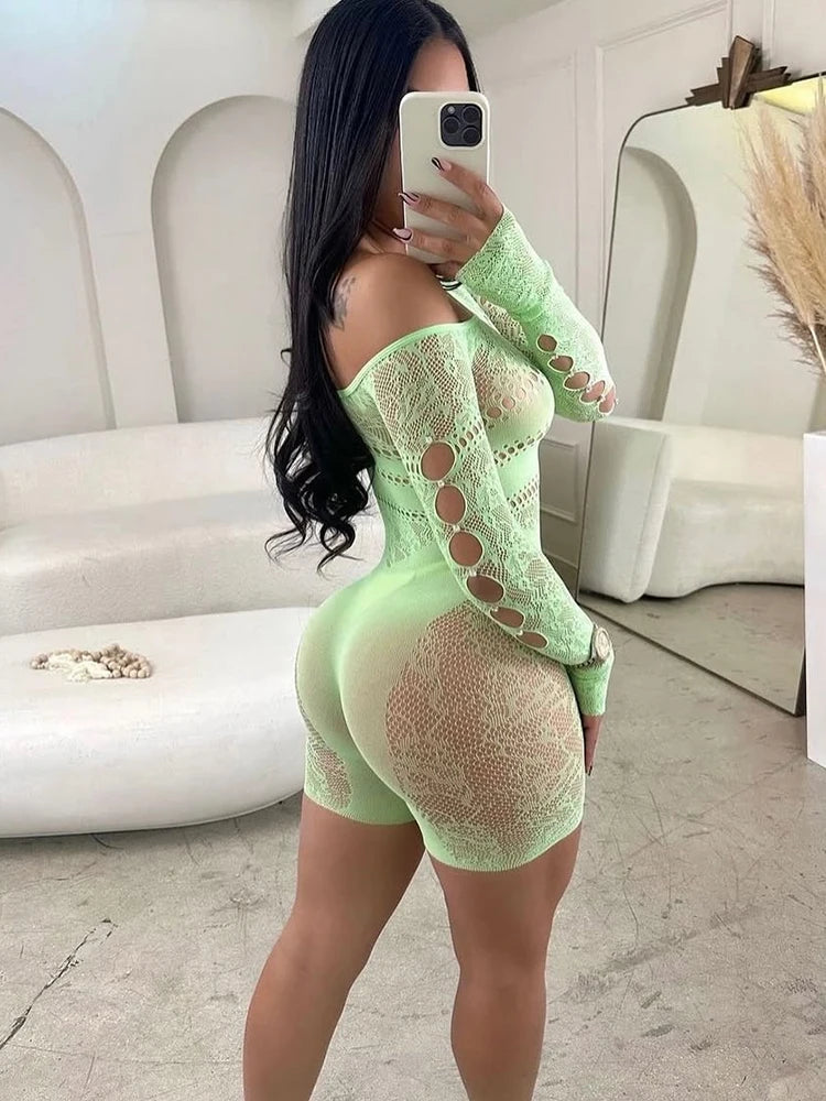 Women’s Off-Shoulder Sheer Romper with Hollow-Out Detail