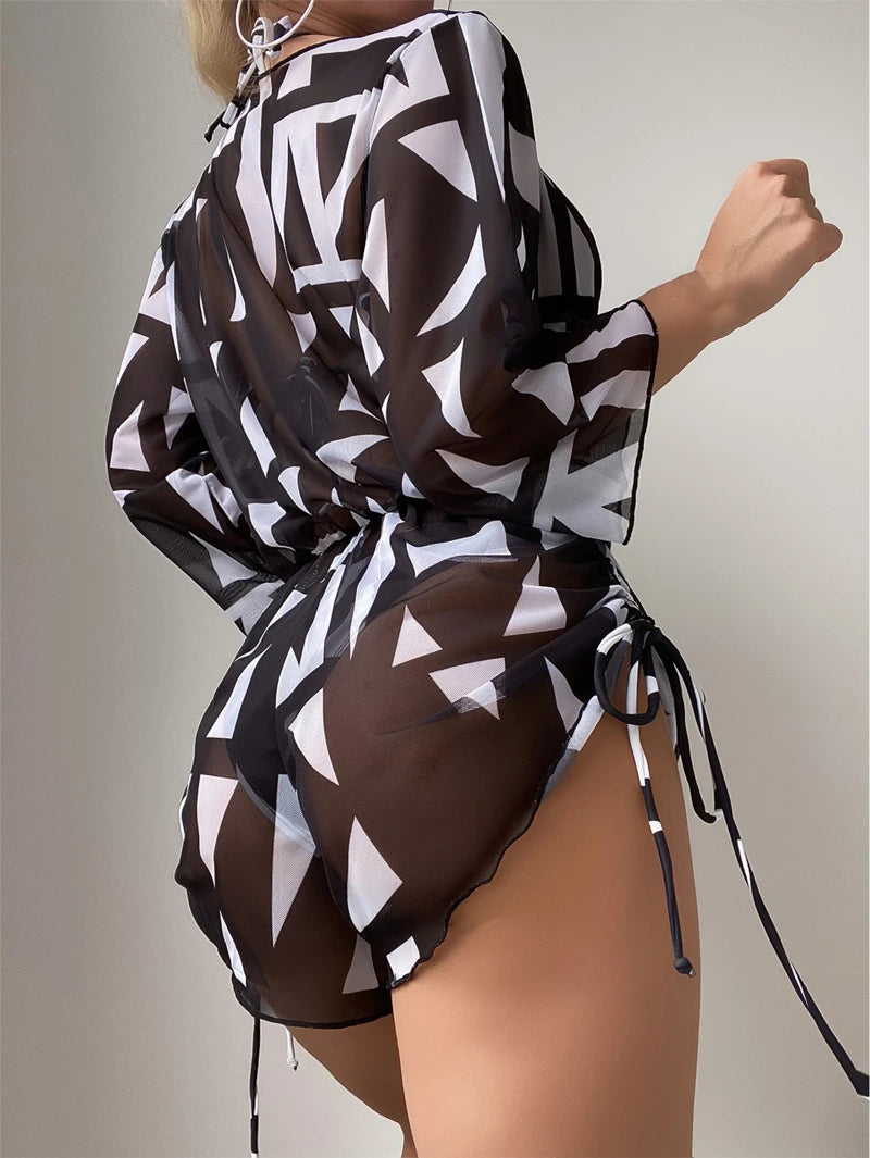 3 Pieces Swimsuit Drawstring Cover-Up Swimwear