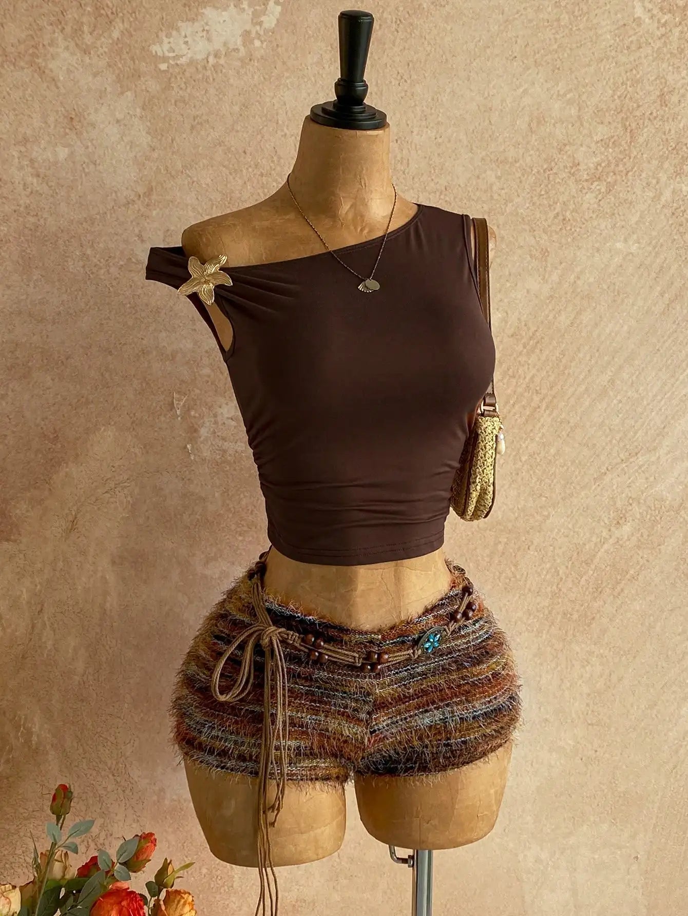 Brown Fuzzy Knit Two-Piece Outfit for Women