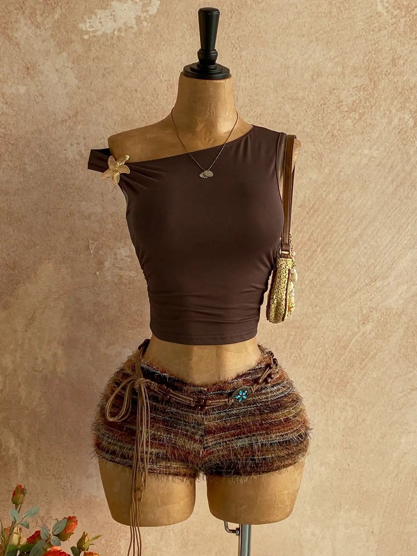 Brown Fuzzy Knit Two-Piece Outfit for Women