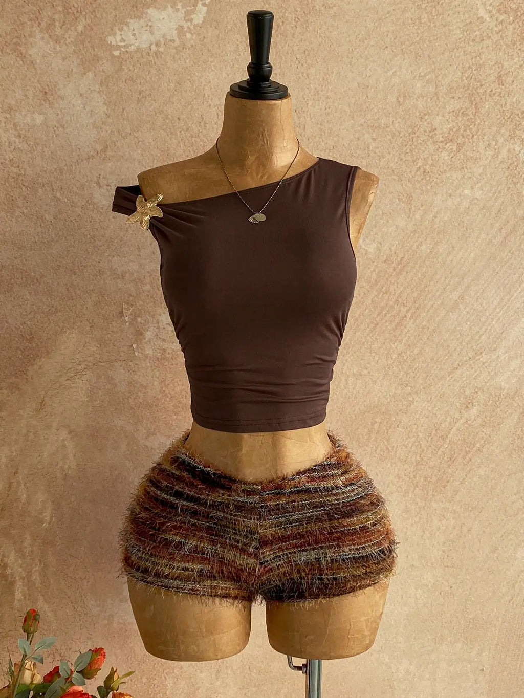 Brown Fuzzy Knit Two-Piece Outfit for Women