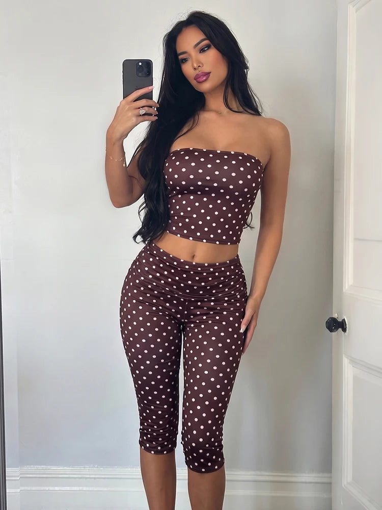 Kliou Polka Dots Print Shorts Suits Woman Sexy Wrap Chest Backless Tube Tops+Skinny Peach Hip Shorts Elegant Style 2 Piece Set