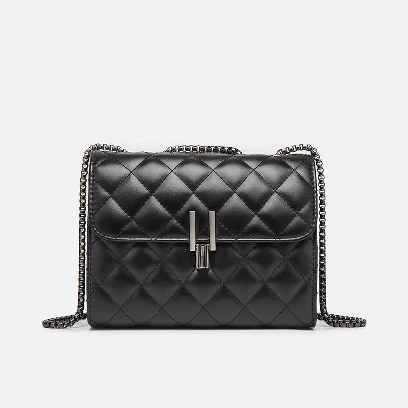 Elegant Quilted Black Women Shoulder Bag, Mini Flap Crossbody Purse with Chain Strap Turn Lock for Party Everyday Evening Bag